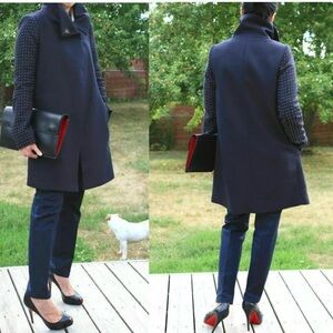 ZARA RARE COAT NAVY BLUE STUDDED APPLIQUE SLEEVE WOOL WINTER BLAZER JACKET Sz S